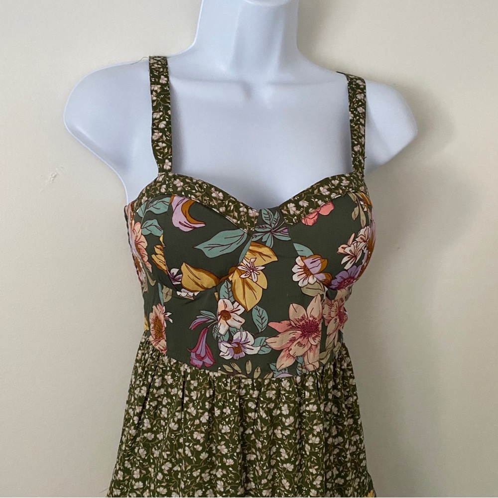 Olive Green Floral Maxi Dress with Tiered Skirt - Picture 10 of 11